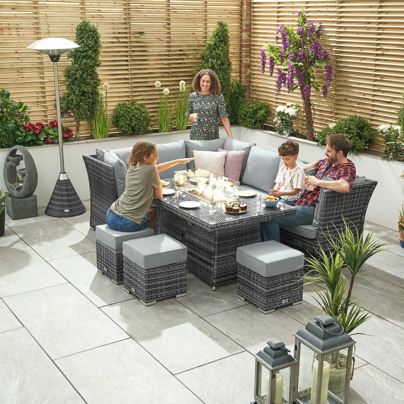 Nova Cambridge Left Hand Rattan Corner Dining Set with Firepit