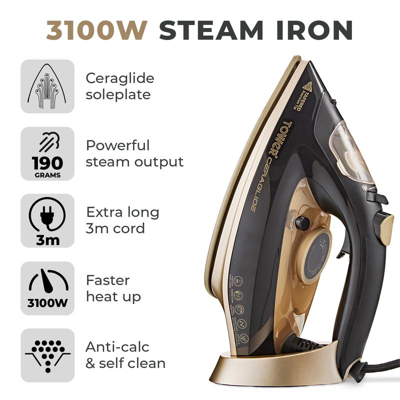 Tower T22021GLD Ceraglide Steam Iron Black and Gold Romerils Jersey