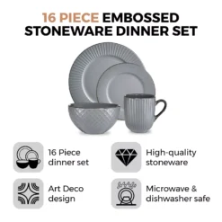 Alternative view of Tower T867002GRY 16 Piece Embossed Stoneware Dinner Set Grey