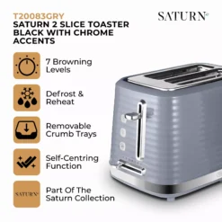 Alternative view of Tower T20083GRY Saturn 2-Slice Toaster with 7 Browning Levels - Defrost/Reheat/Cancel - Grey and Chrome Accents
